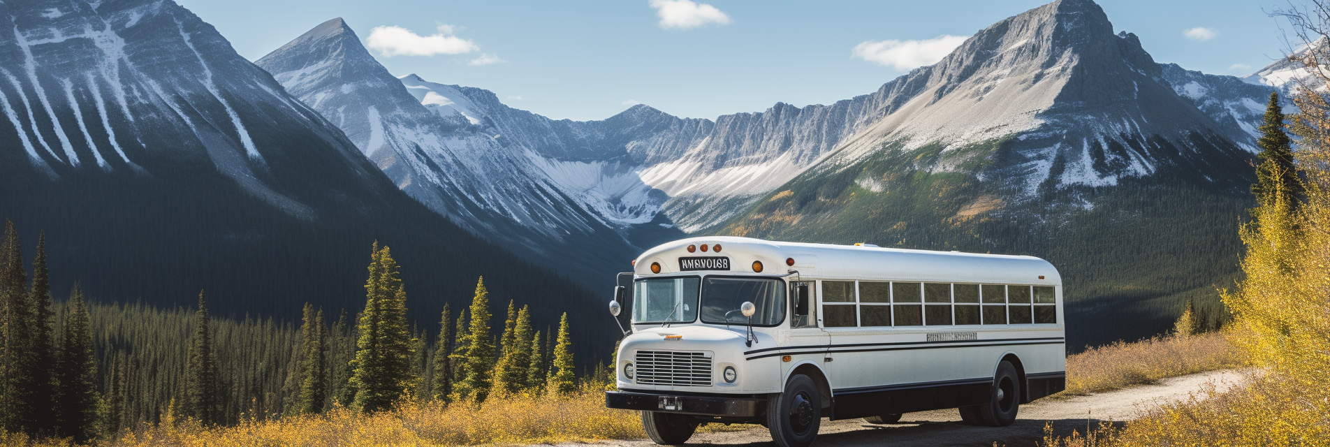 A white bus with the mountains in the background
